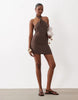 The Frolic Exclusive Linen Feel Knot Front Halterneck Mini Dress In Chocolate