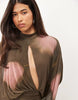 Printed Floral Mesh Blouson Maxi Dress With Cut Out In Brown