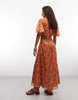 Reclaimed Vintage Midi Tea Dress With Fluttter Sleeves In Rust Floral