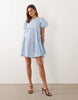 Ghospell Seersucker Puff Sleeve Asymmetric Drawstring Detail Mini Dress In Light Blue Polka Dot