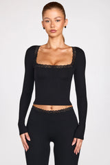 Ribbed Modal Square-Neck Long-Sleeve Top in Black