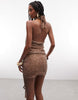Murci Halterneck Plunge Drape Waist Detail Knitted Sequin Mini Dress In Light Brown