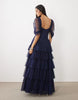 Lace & Beads Tulle Fallen Shoulder Asymmetric Ruffle Detail Maxi Dress In Navy