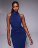 Mesh Twist Bust Detail Halter Maxi Dress With Tie Back Neck In Navy