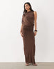High Neck Drape Short Sleeve Maxi Dress In Chocolate