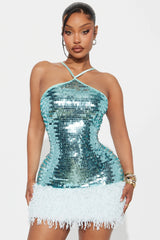 Tatum Feather Sequin Midi Dress - Aqua