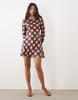 Nobody'S Child Romy Satin Bell Sleeve Mini Dress In Pink Check