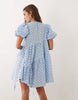 Ghospell Seersucker Puff Sleeve Asymmetric Drawstring Detail Mini Dress In Light Blue Polka Dot