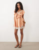 V Neck Satin Ruffle Mini Dress With Lace Trim In Peach