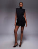 Ruched & Ready Sculpting High Neck Padded Shoulder Detail Extreme Drape Front Mini Dress In Black