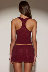Embellished Jersey Scoop-Neck Racerback Top in Burgundy