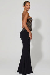Lace-Up Corset Fishtail Maxi Dress in Black