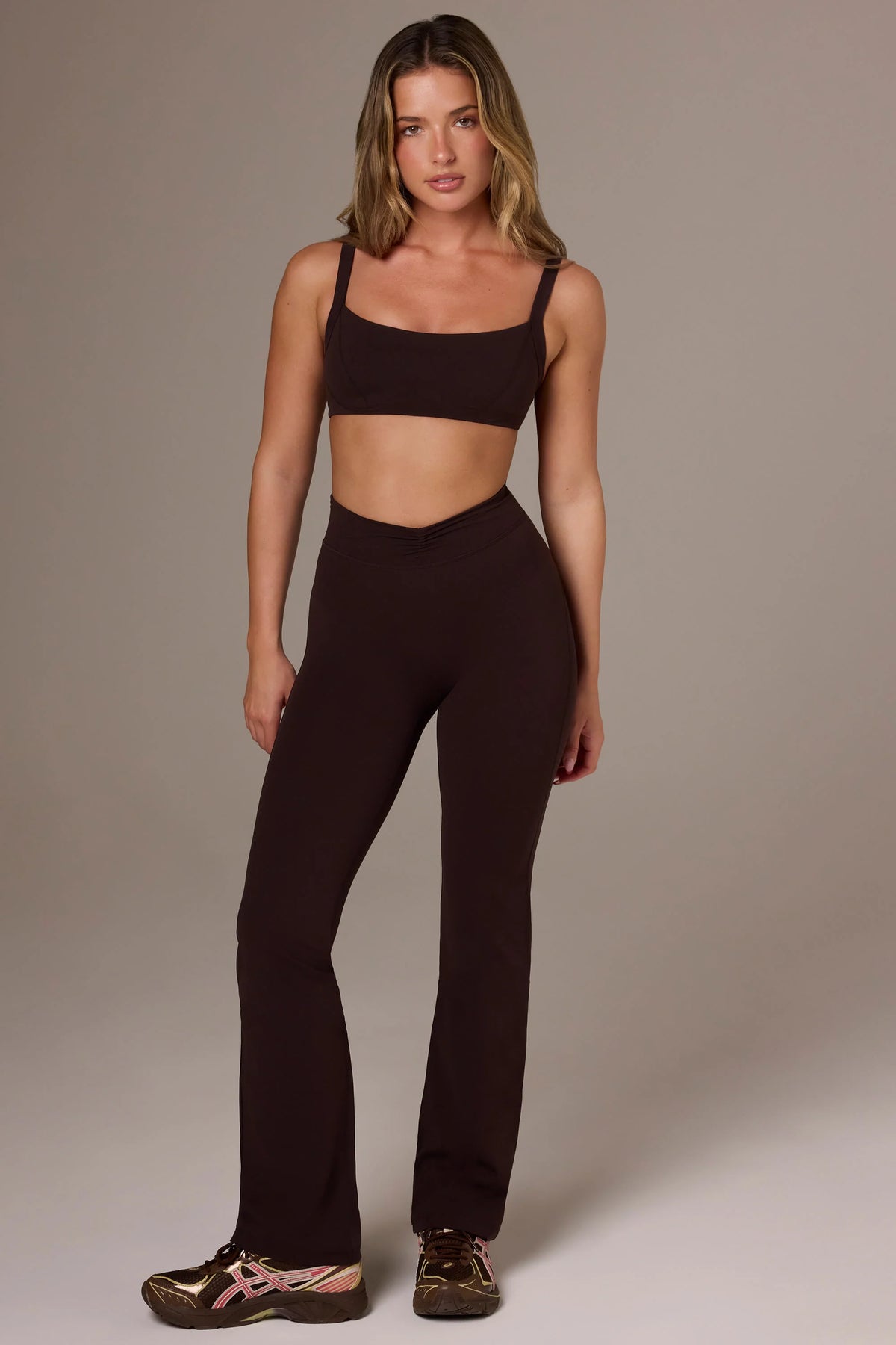 Soft Active Ruched Flared Trousers in Espresso