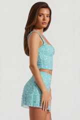 Embellished Square-Neck Crop Top in Aqua Blue