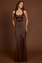 Scoop-Neck Lace-up Back Maxi Dress in Chocolate Brown