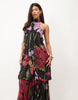 Dropped Hem Printed Stretch Chiffon Halter Maxi Dress In Black Floral