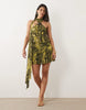 Printed Abstract Mesh One Shoulder Scarf Detail  Blouson Mini Dress In Multi