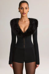 Faux Fur-Trim Corset Playsuit in Black