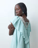V Neck Poplin Ruffle Mini Dress With Lace Trims In Dusky Blue