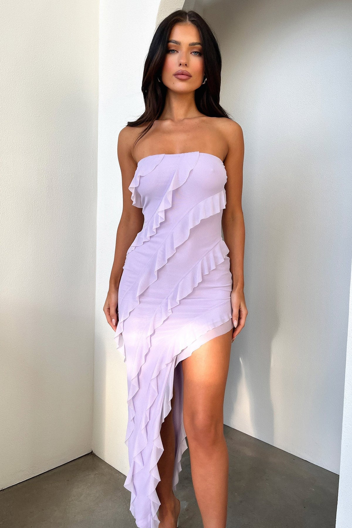 Jadore Strapless Ruffle Midi Dress - Lilac