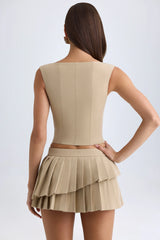 Layered Pleated Low-Rise Mini Skirt in Camel