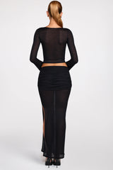 Sheer Jersey Low-Rise Draped Maxi Skirt in Black