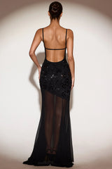 Embellished Sweetheart-Neck Backless Gown in Black