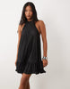 Petite Plisse Halter Neck Mini Dress With Ruffle Hem In Black