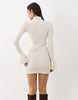 The Frolic Exclusive High Neck Fluted Sleeve Embellished Detail Knitted Mini Dress In Cream
