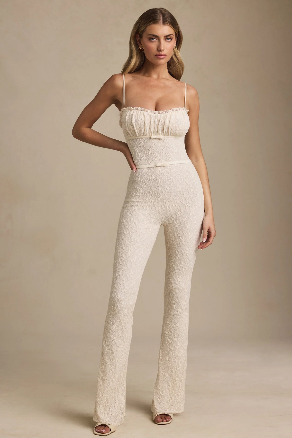 Bow-Detail Lace Flared Jumpsuit in Ivory