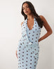 Printed Mesh Halter Maxi Dress With Draped Sash Detail In Blue Polka Dot
