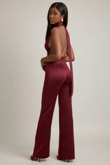 Scarf-Detail Halterneck Jumpsuit in Wine Red