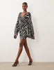 Gina Tricot Long Sleeve V Neck Chiffon Mini Dress In Black Zebra Print
