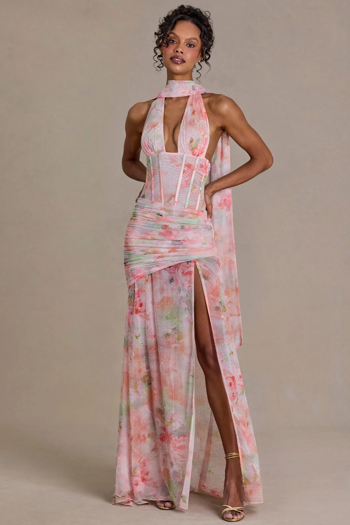 Premium Embellished Scarf-Detail Maxi Dress in Pink Floral Print