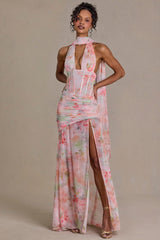 Premium Embellished Scarf-Detail Maxi Dress in Pink Floral Print