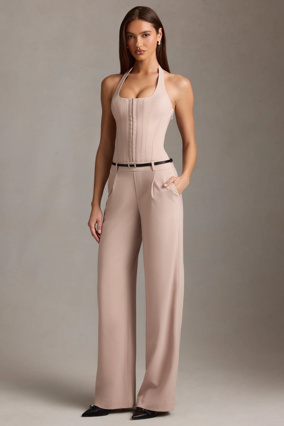 Corset-Detail Halterneck Jumpsuit in Mushroom