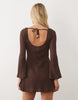 Crochet Jersey Long Angel Sleeve Mini Dress In Chocolate