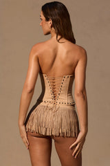 Fringed Low-Rise Mini Shorts in Tan