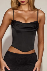 Satin Cowl-Neck Lace-Up Corset Top in Black