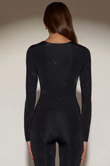 Embellished Crew-Neck Long-Sleeve Top in Black