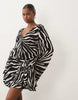 Gina Tricot Long Sleeve V Neck Chiffon Mini Dress In Black Zebra Print