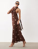 Gina Tricot Scarf Neck Maxi Dress In Brown Polka Dot