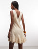 V Neck Mini Button Down Mini Dress With Lace Trims And Godets In Antique Cream