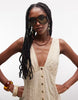 V Neck Mini Button Down Mini Dress With Lace Trims And Godets In Antique Cream