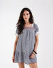 Neon Rose Ruffle Square Neck Babydoll Dress In Blue Gingham Check