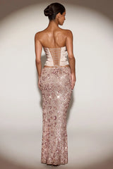 Embellished Mid-Rise Thigh-Split Maxi Skirt in Rose Gold