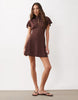 Cap Sleeve With Tie Detail Mini Dress In Brown And Ivory Polka Dot Print