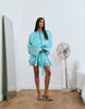 Lioness Exclusive Elements High Sheen Chiffon Drape Detail Balloon Sleeve Tie Waist Mini Dress In Aqua