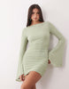 Mesh Waterfall Sleeve Ruched Mini Dress In Apple Green