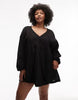 Curve V Neck Laundered Smock Mini Dress In Washed Black